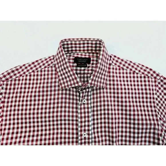 Zara Man Tailored Fit Size 15 Mens Red White Camel Color Spread Collar L/S Shirt - Picture 1 of 10